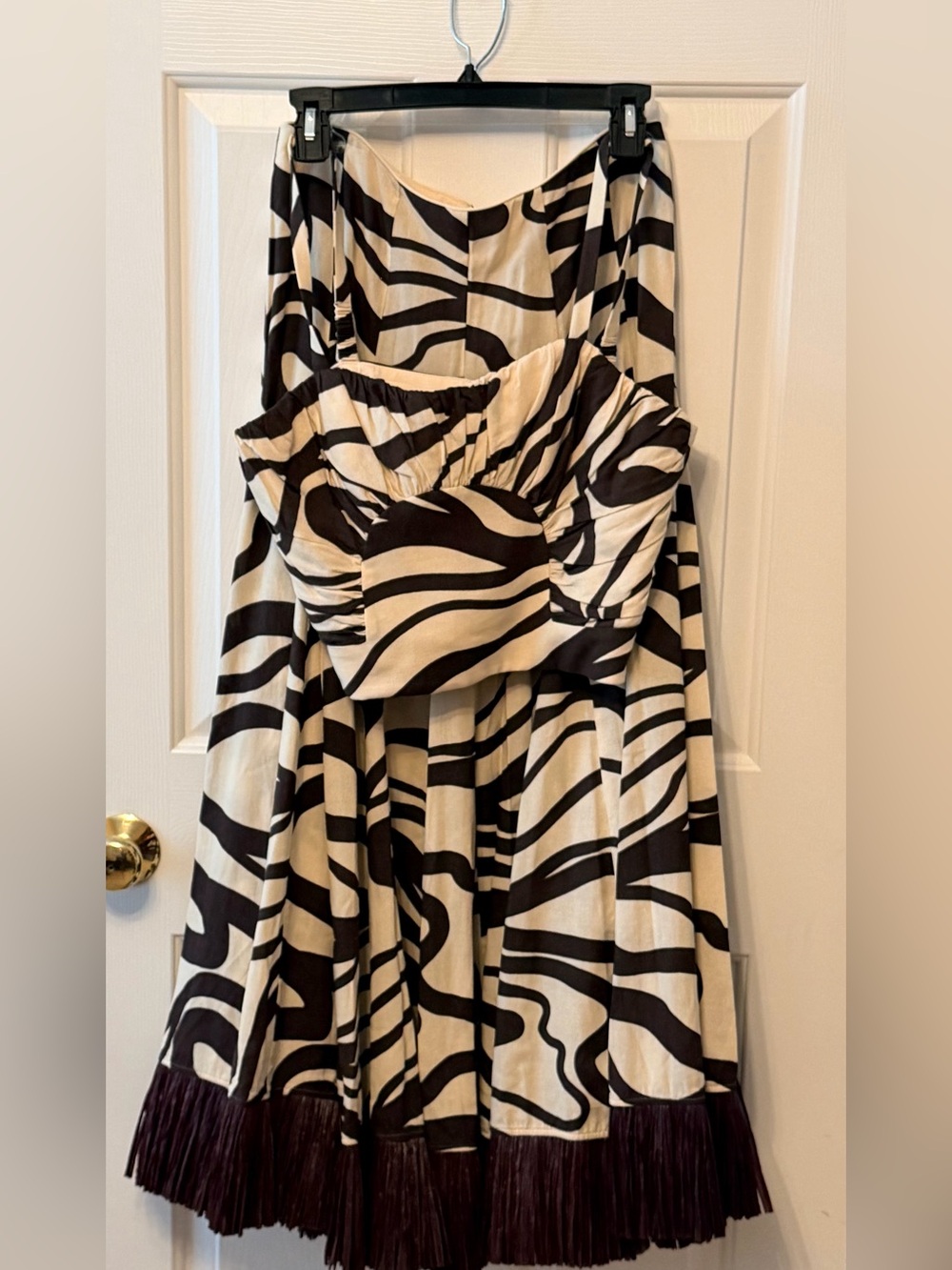 ANTONIO MELANI Black and Cream Strapless Zebra-Print Dress with Fringe